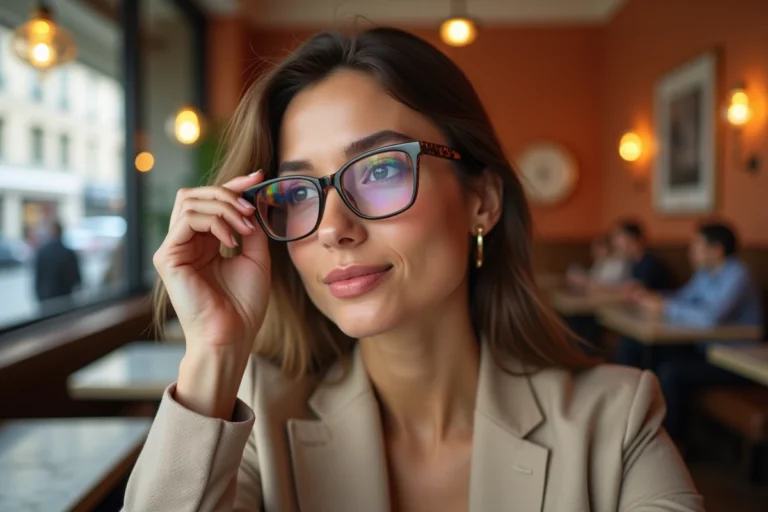 Femme élégante portant des lunettes de vue en acétate écaille de tortue tendance 2024 dans un café parisien