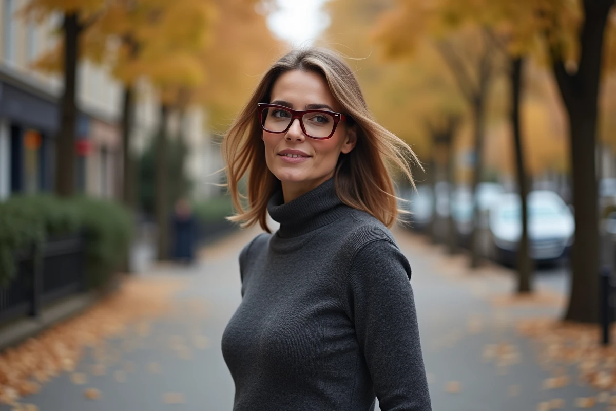 Femme portant des lunettes de vue oversize en acétate bordeaux tendance 2024 dans une rue parisienne en automne