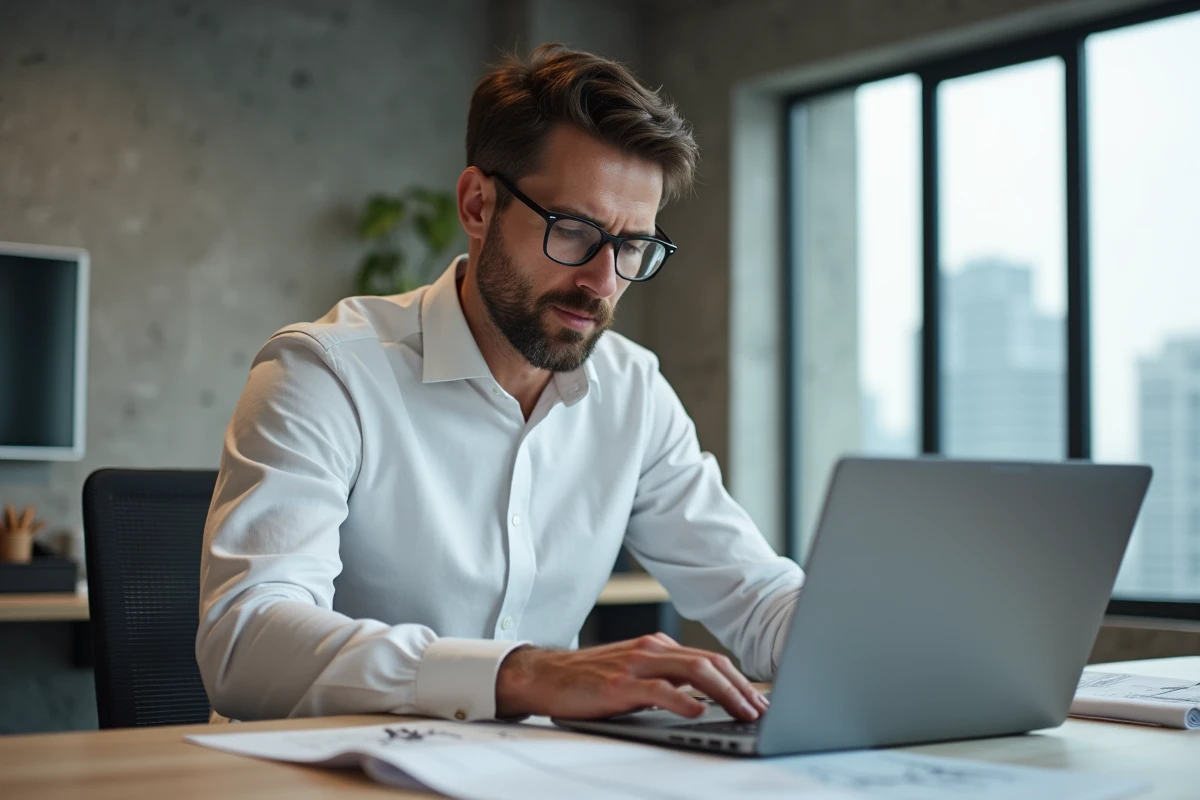 Homme professionnel portant des lunettes de vue en titane minimalistes tendance 2024 dans un bureau moderne