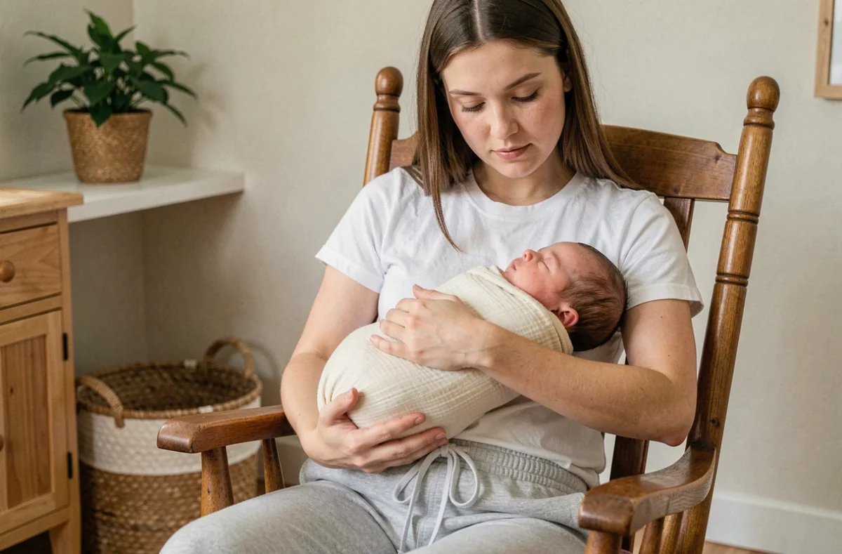Jeune maman tenant tendrement son nouveau-né emmailloté dans une mousseline crème dans une chambre de bébé en bois naturel