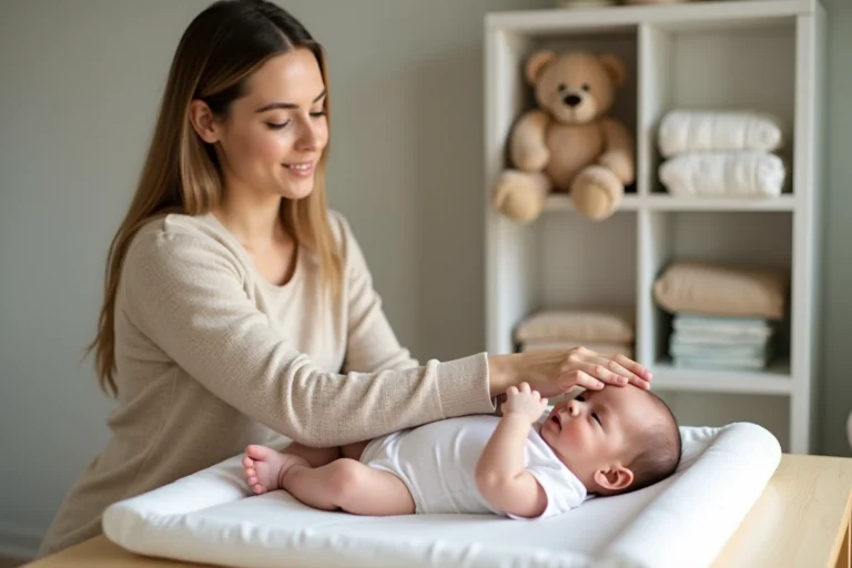 Maman examinant les boutons rouges sur le bras de son bébé dans une chambre d'enfant