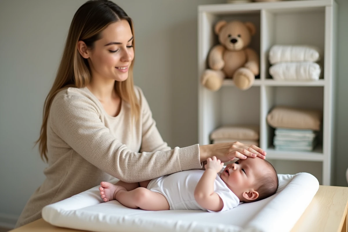 Maman examinant les boutons rouges sur le bras de son bébé dans une chambre d'enfant