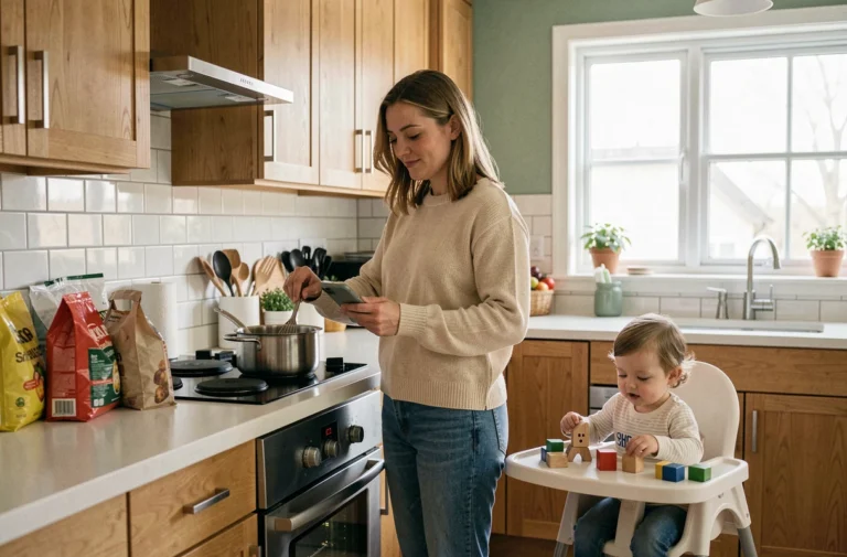 Mère multitâche dans une cuisine moderne gérant repas et smartphone avec son bébé en chaise haute