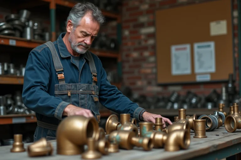 Métallurgiste inspectant des pièces en bronze sur un établi dans un centre de recyclage de métaux