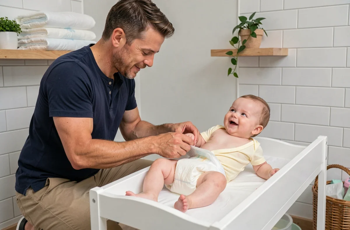 Papa changeant la couche de son bébé souriant sur une table à langer dans une salle de bain moderne carrelée en blanc