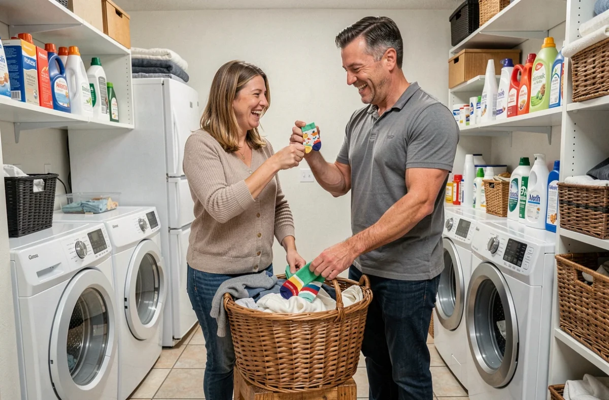 Couple de parents complices pliant le linge ensemble dans la buanderie avec bonne humeur