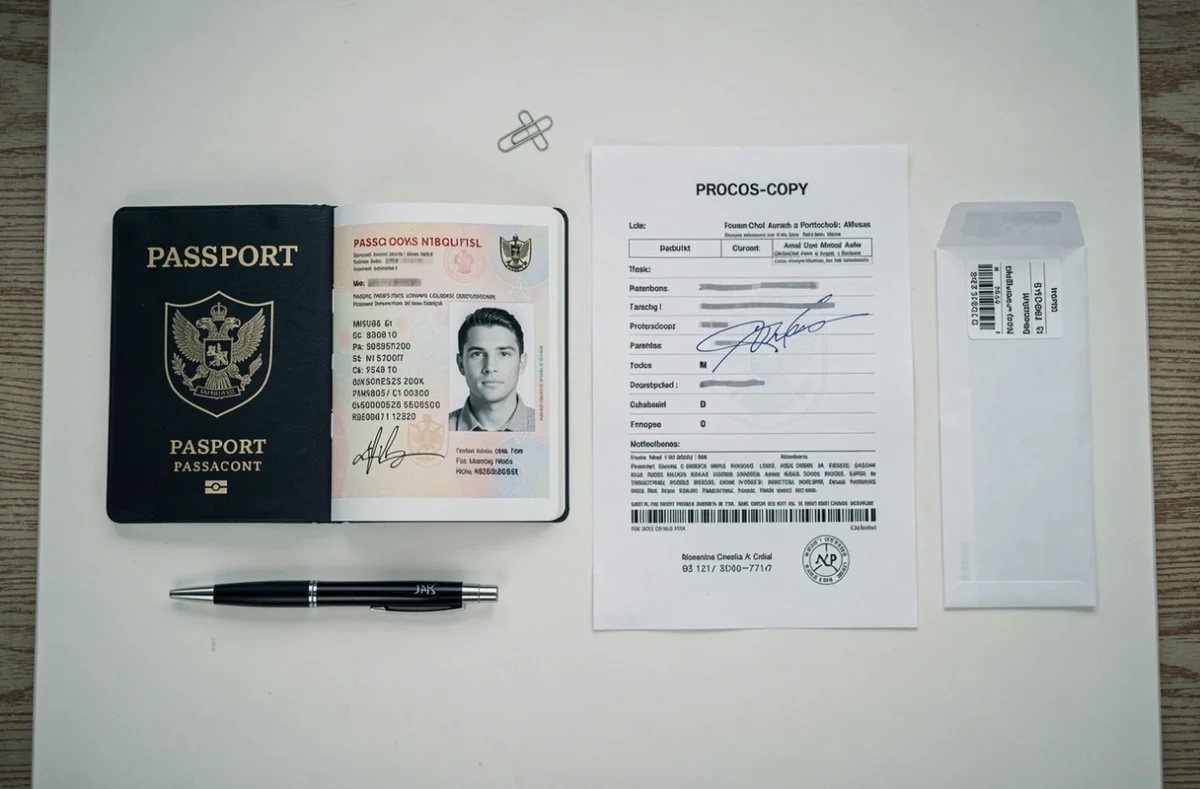Vue de dessus d'un passeport ouvert et de sa photocopie posés sur un bureau avec des fournitures de classement