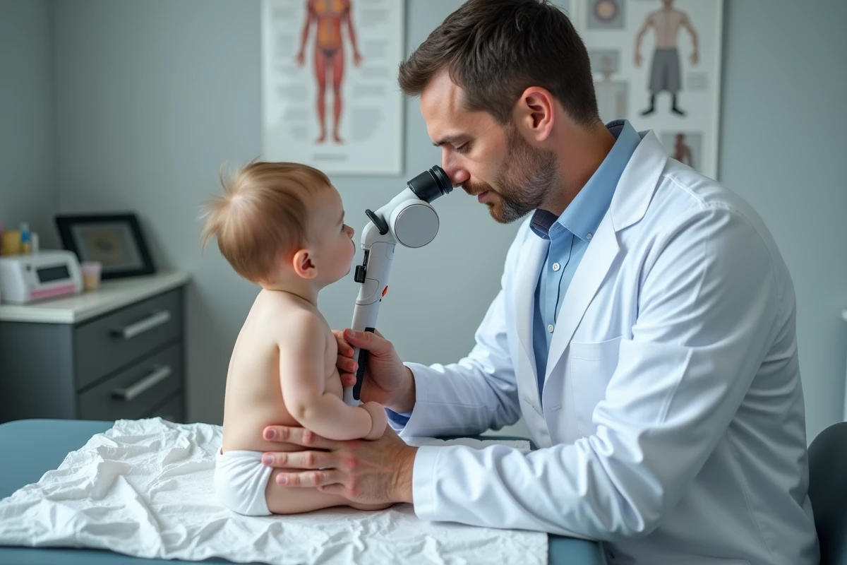 Pédiatre examinant des boutons rouges sur le ventre d'un bébé lors d'une consultation médicale