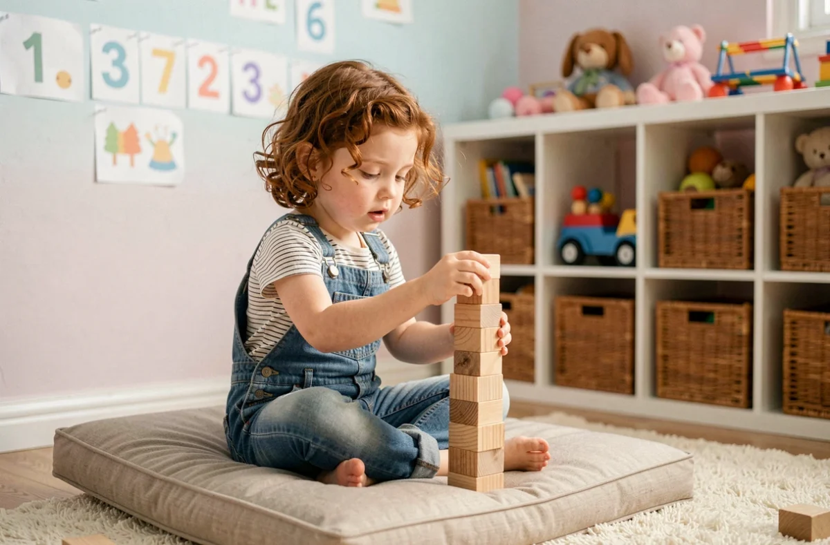 Petite fille aux cheveux bouclés construisant une tour en bois dans une chambre d'enfant sécurisée avec étagères basses et coussins au sol