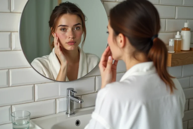 Jeune femme examinant sa peau devant un miroir de salle de bain avec une plaquette de pilule contraceptive Adepal posée sur le bord du lavabo