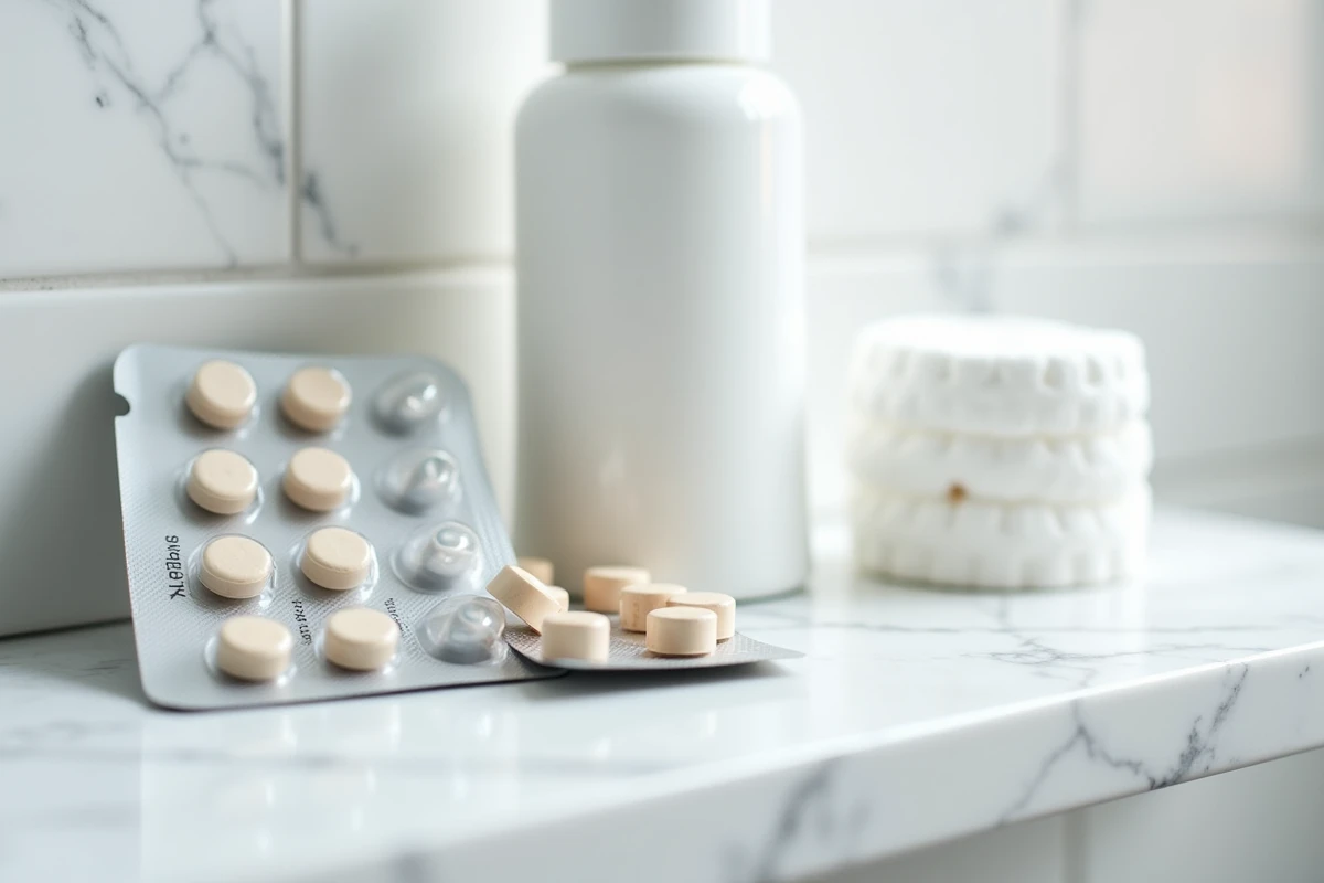 Arrangement de produits contre l'acné sur une tablette en marbre blanc incluant une plaquette de pilule contraceptive, une crème dermatologique et un nettoyant visage