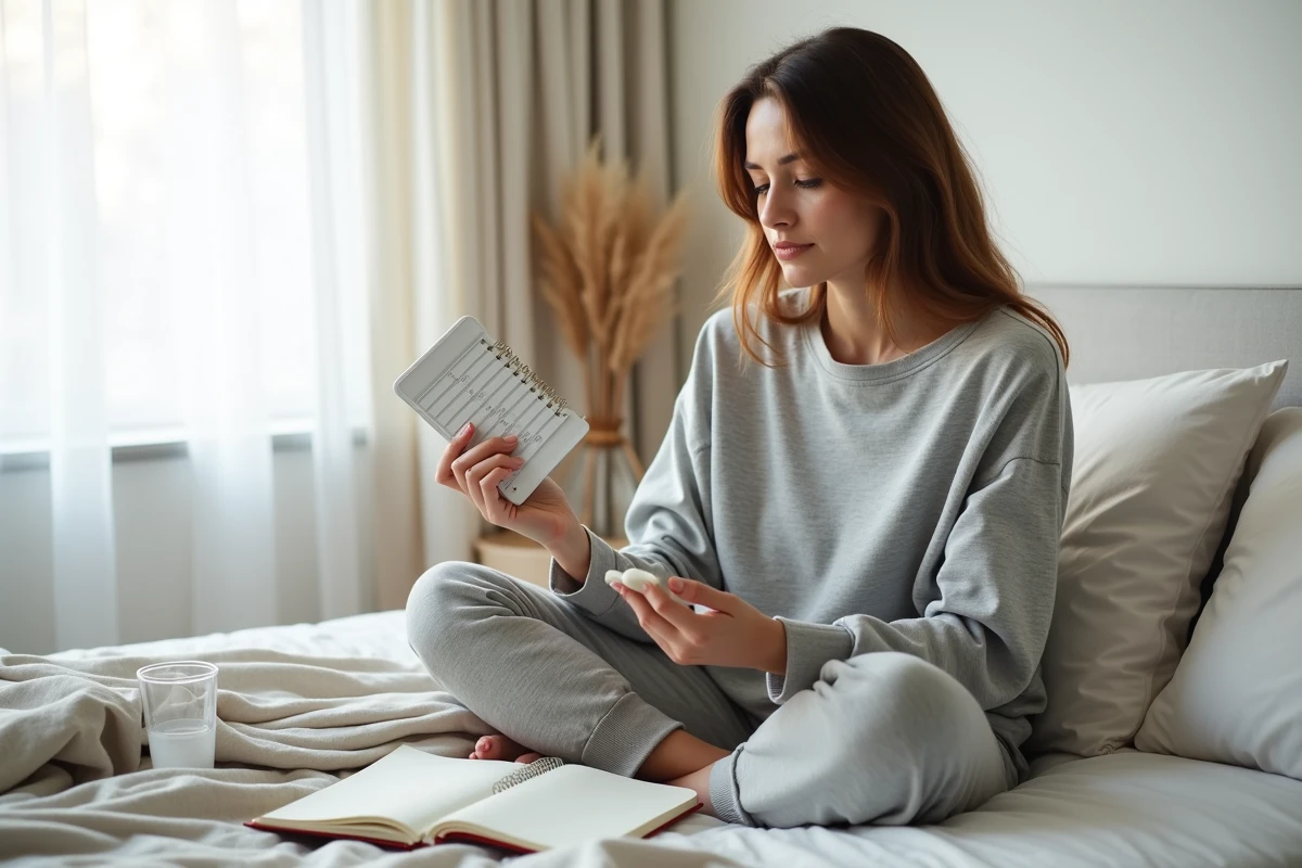 Femme tenant un pilulier et un journal de soins de peau sur un lit, illustrant le suivi d'un traitement hormonal contre l'acné