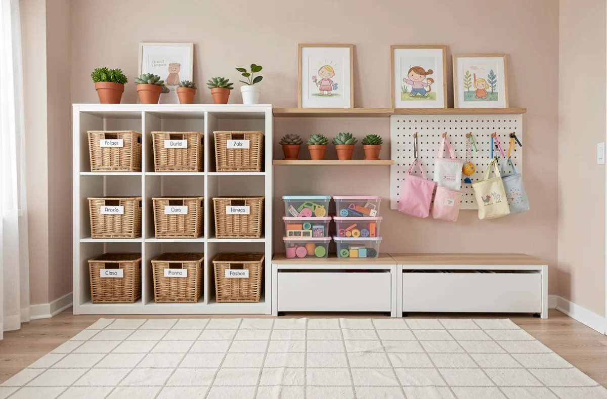 Mur de rangement modulable dans une chambre d'enfant avec étagères blanches, paniers en osier étiquetés, bacs à jouets et tableau en liège