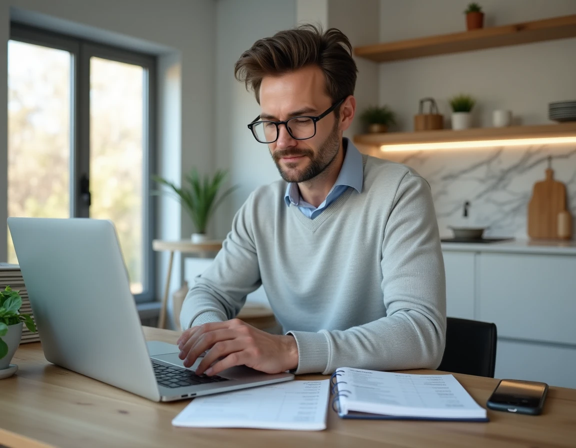 Tuteur indépendant consultant ses revenus sur ordinateur portable, représentant la gestion financière d'un tuteur professionnel en France en 2024