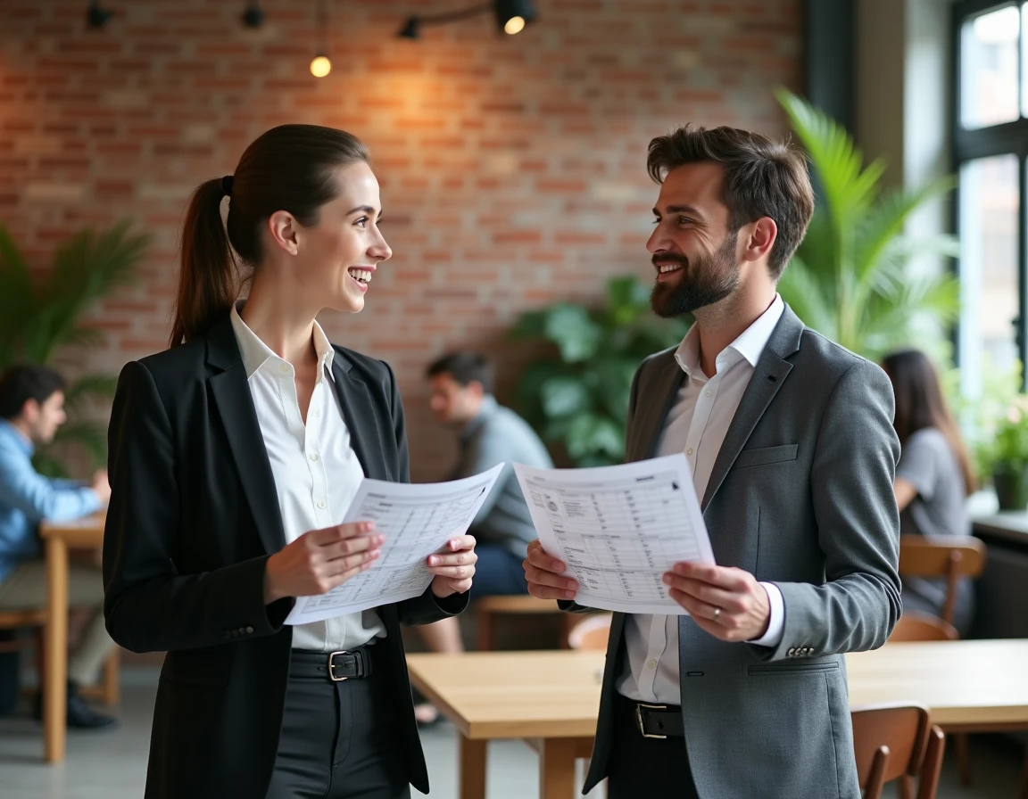 Deux tuteurs professionnels échangeant sur les grilles de salaires dans un espace de coworking moderne, illustrant le marché du tutorat en France