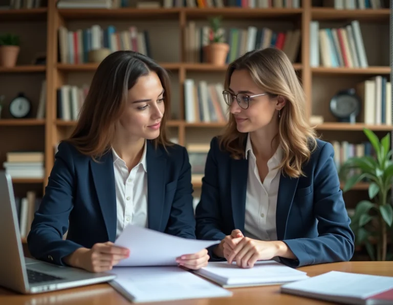 Tutrice professionnelle en session de travail avec un élève adolescent dans un bureau organisé, illustrant le métier de tuteur en France