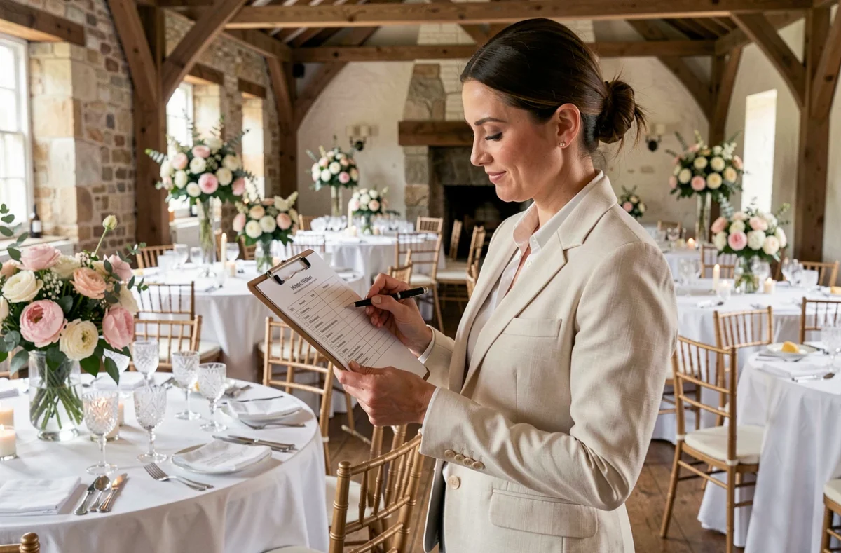 Wedding planner professionnelle vérifiant les détails d'organisation dans une salle de réception décorée avec élégance